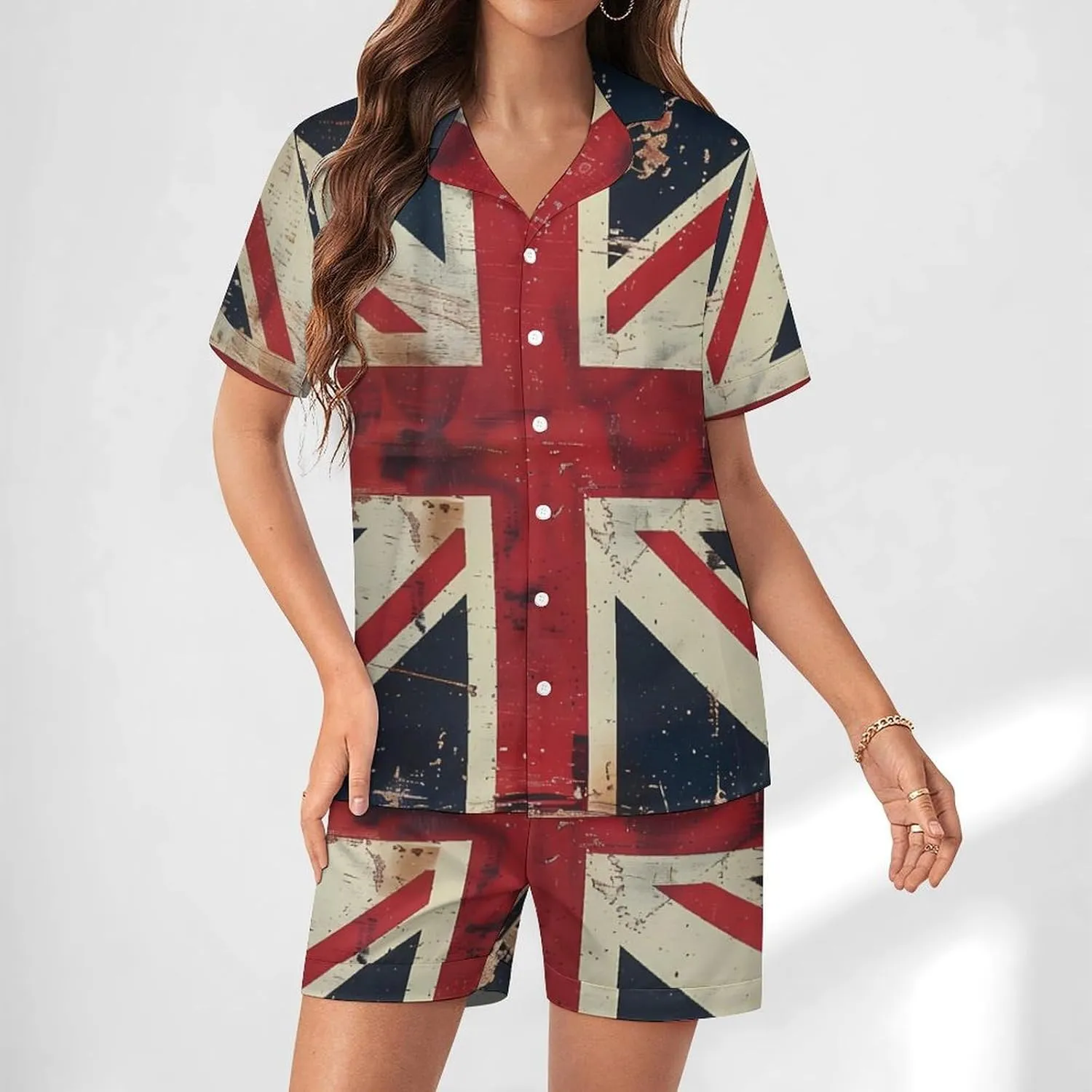 UK Vintage British Flag Women's Satin Pajama Set Short Sleeve Button Down Sleepwear Loungewear Pj Set