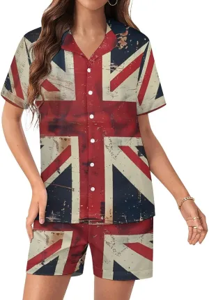 UK Vintage British Flag Women's Satin Pajama Set Short Sleeve Button Down Sleepwear Loungewear Pj Set
