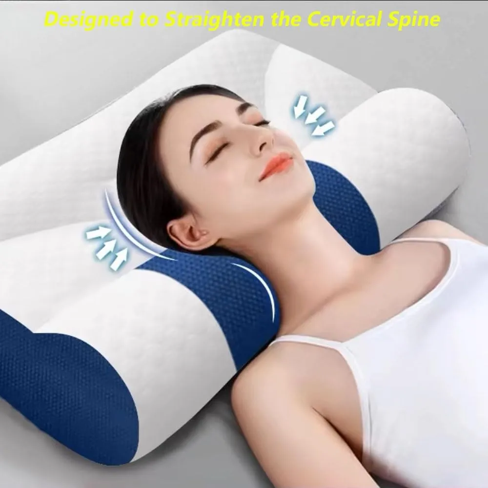 Ultra Fire Cervical Care Pillow, Cervical Support Goose Down Pillow, Ergonomic Sleep-Enhancing Neck Traction Comfortable Goose Down Bolster (Blue, Big)