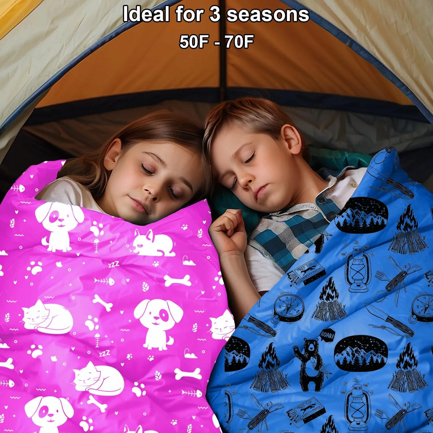 Ultralight 3 Season Kids Sleeping Bag | 50F- 70F Indoor/Outdoor Sleeping Bag for Boys, Girls, Toddlers and Youth | Ultra Compact, Ideal for Camping and Sleepover