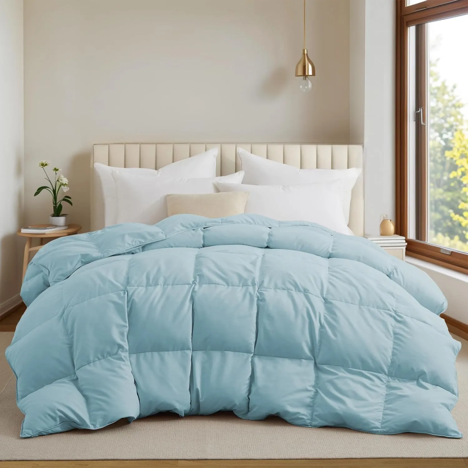 UNIKOME Goose Feather Down Comforter - Cloud-Like Fluffiness Down Feather Comforters, All Season Duvet Insert with Soft Downproof Cover, (Cal King, Blue,108"X94")