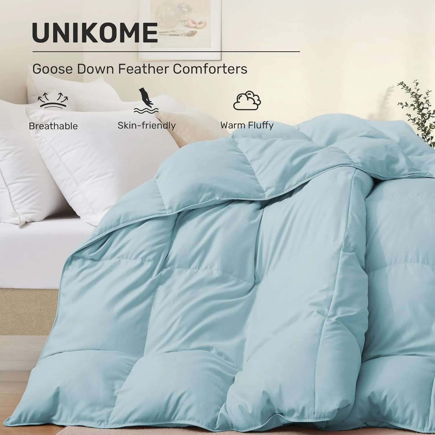 UNIKOME Goose Feather Down Comforter - Cloud-Like Fluffiness Down Feather Comforters, All Season Duvet Insert with Soft Downproof Cover, (Cal King, Blue,108"X94")