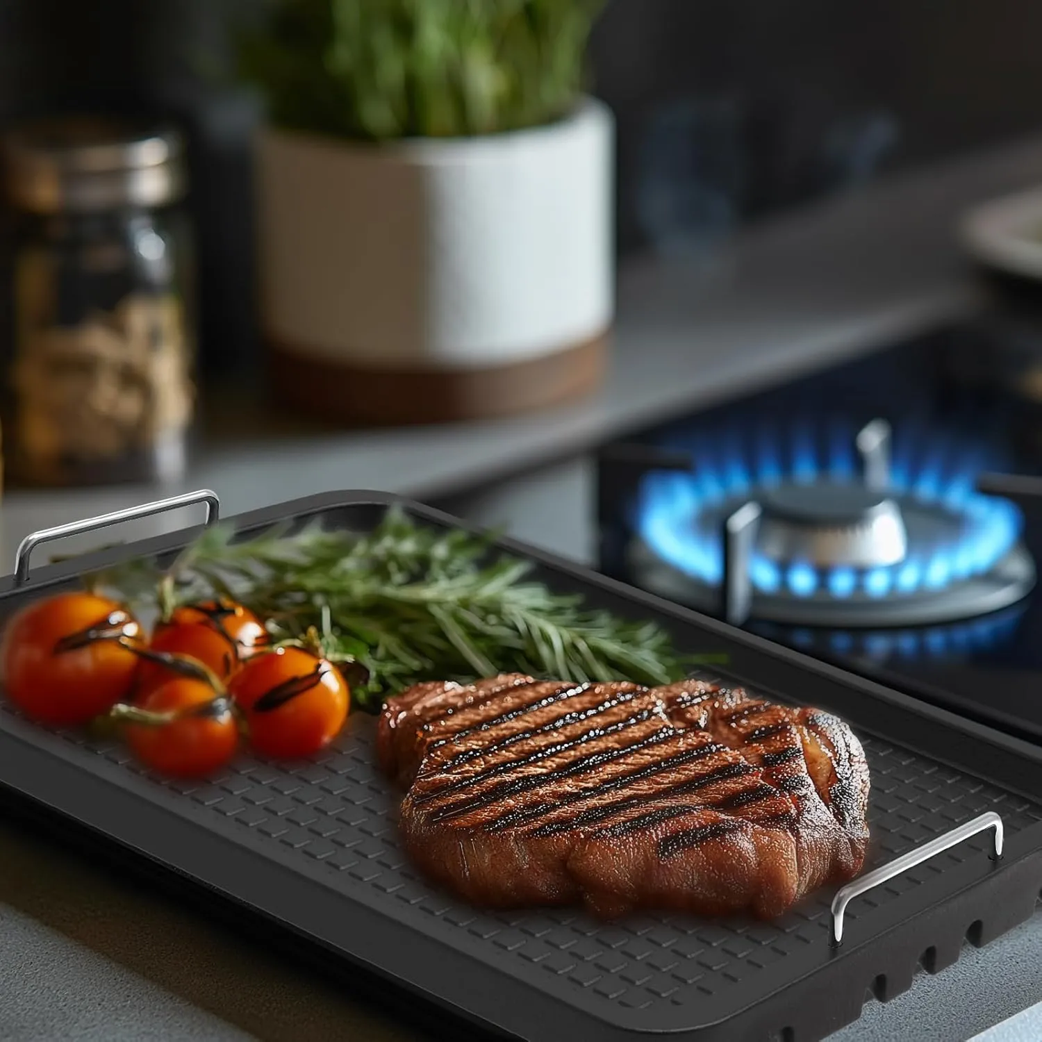 Universal Double Burner Griddle Pan for Gas,Electric,Ceramic,Stove Top,Flat Top Grill Plate with Silicone Cooling Handle Grill Pan for Glass Top Stove,Cast Iron Griddle Pan for Outdoor Camping,15 Inch