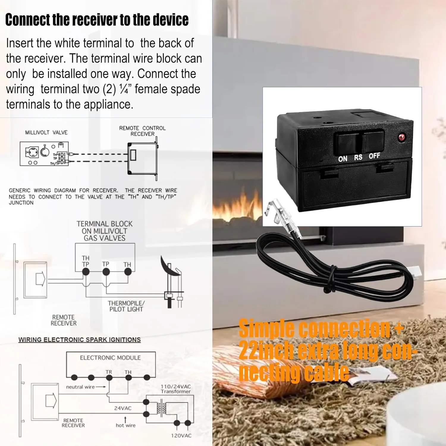 Upgraded Fireplace Remote Control Kit,Compatible with Skytech Majestic Ambient Empire Monessen Vermont Monessen Millivolt Valve Fireplace Stove with Thermostat On/Off Control Remote Receiver