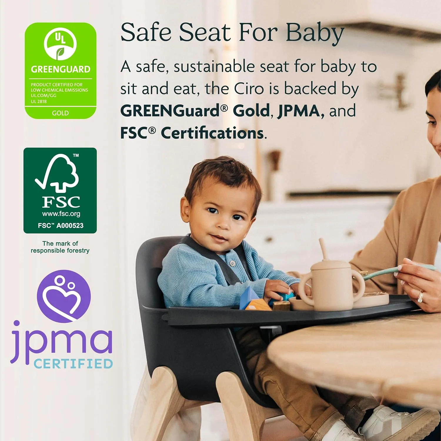 UPPAbaby Ciro High Chair/Sleek, Easy-to-Clean Design/Perfect-Fit Tray to Bring Baby to Table/Patent-Pending Harness/Dual-Position, 180-Degree Rotating Footrest/Emrick (Green/Rubberwood)