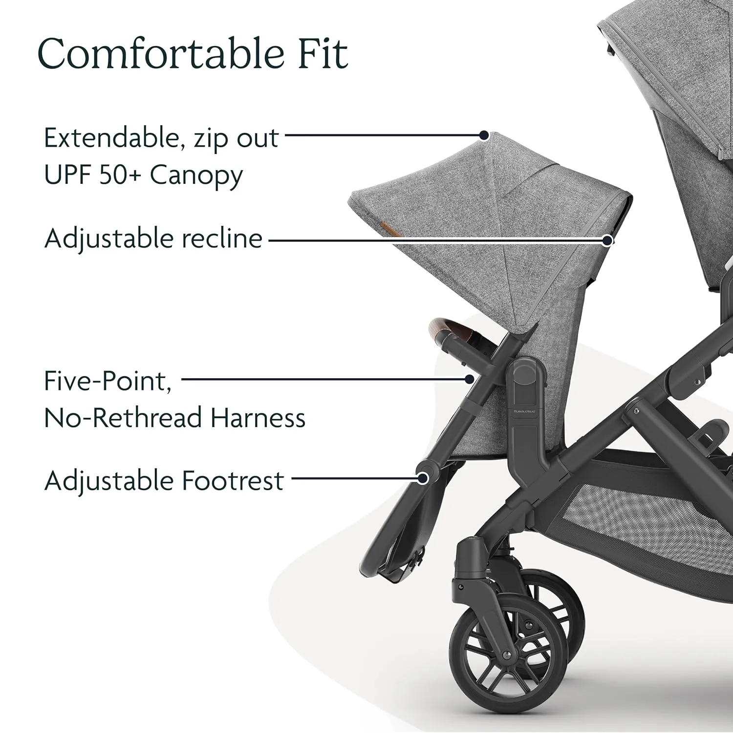 UPPAbaby RumbleSeat V2  Second Lower Seat/Compatible with Vista V2 and Vista V3 / Adapters, Bumper Bar, Bug Shield Included/Emmett (Green Mélange/Silver Frame/Saddle Leather)