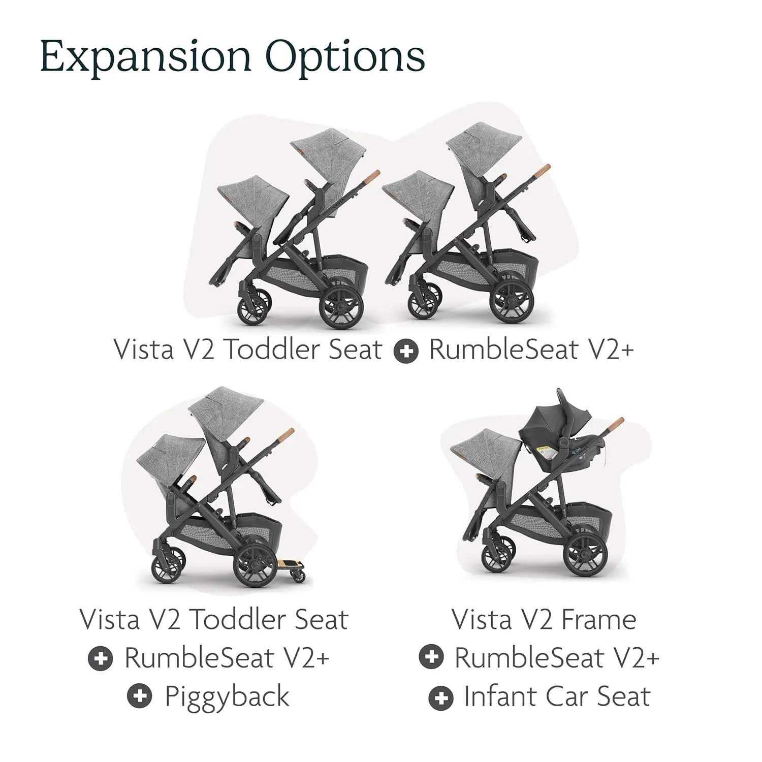UPPAbaby RumbleSeat V2  Second Lower Seat/Compatible with Vista V2 and Vista V3 / Adapters, Bumper Bar, Bug Shield Included/Emmett (Green Mélange/Silver Frame/Saddle Leather)