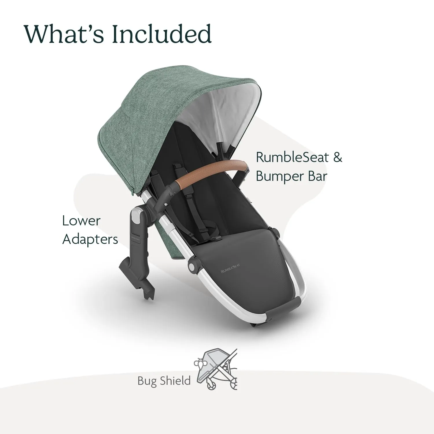 UPPAbaby RumbleSeat V2  Second Lower Seat/Compatible with Vista V2 and Vista V3 / Adapters, Bumper Bar, Bug Shield Included/Emmett (Green Mélange/Silver Frame/Saddle Leather)