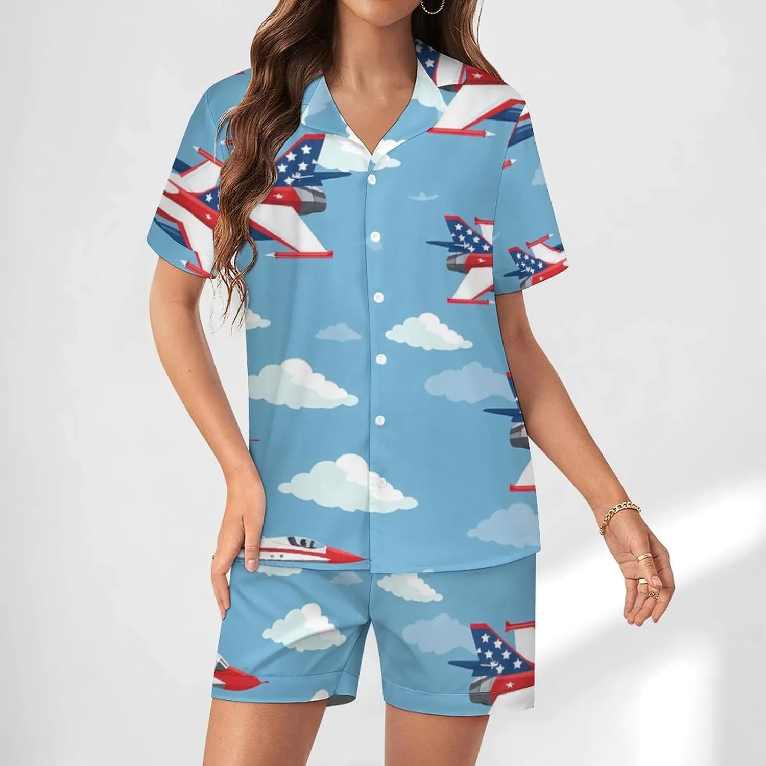 USA Fighter Planes Women's Satin Pajama Set Short Sleeve Button Down Sleepwear Loungewear Pj Set
