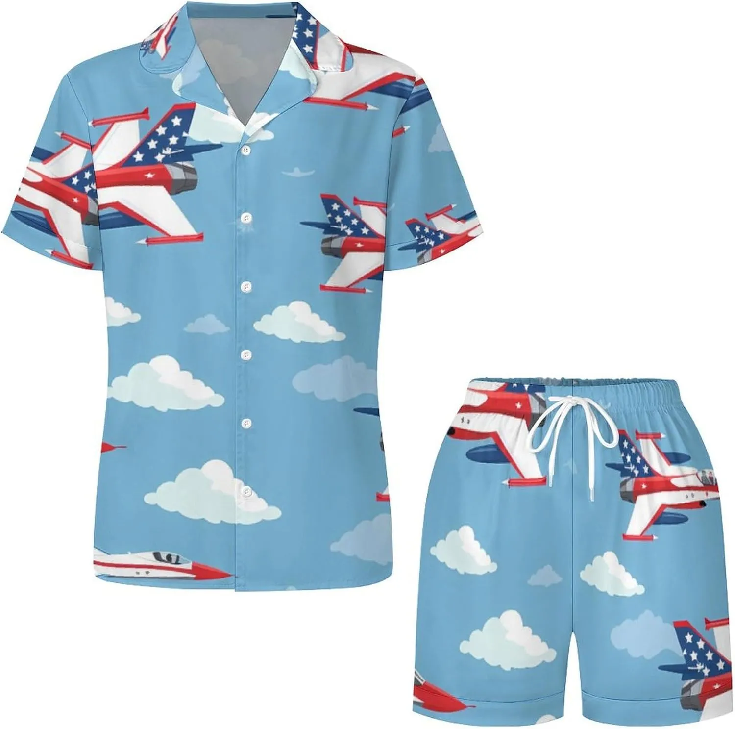 USA Fighter Planes Women's Satin Pajama Set Short Sleeve Button Down Sleepwear Loungewear Pj Set