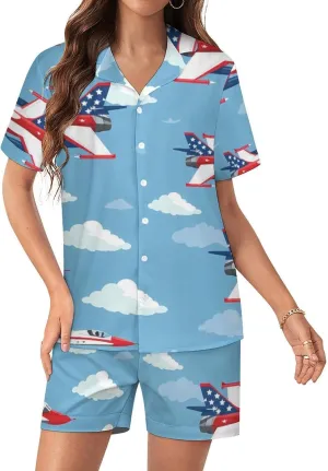 USA Fighter Planes Women's Satin Pajama Set Short Sleeve Button Down Sleepwear Loungewear Pj Set