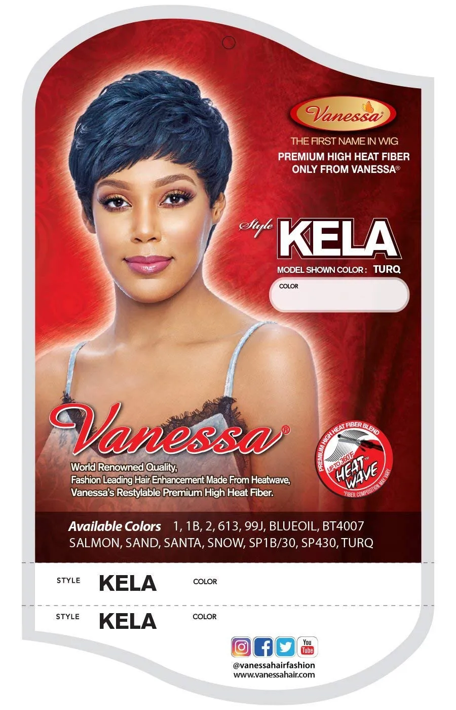 VANESSA Fashion Wig Premium Synthetic High Heat Fiber Short Length Wavy Style with Swept Bang Free Part Full Cap - KELA (TURQ)