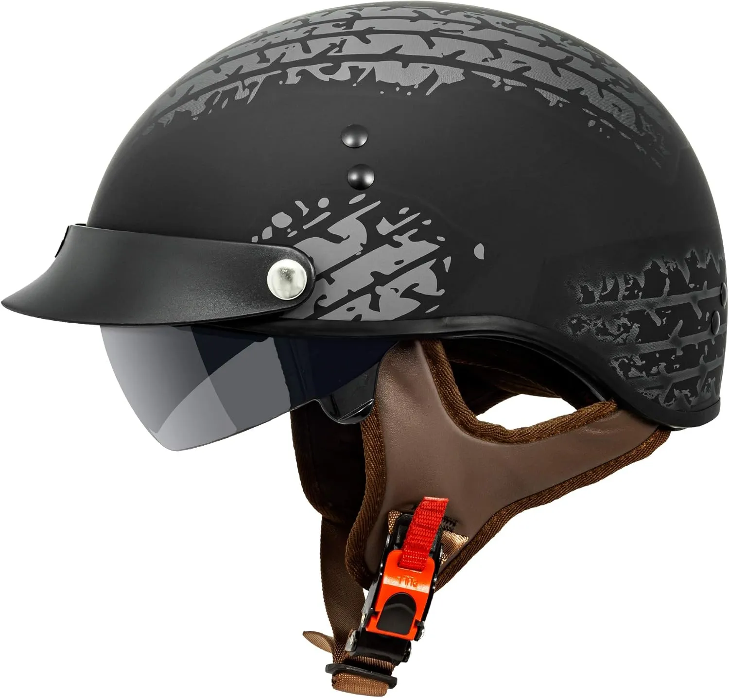 VCAN Cruiser Half Face Motorcycle Helmet with Drop-Down Sun Visor, Removable Peak and Quick Release Buckle