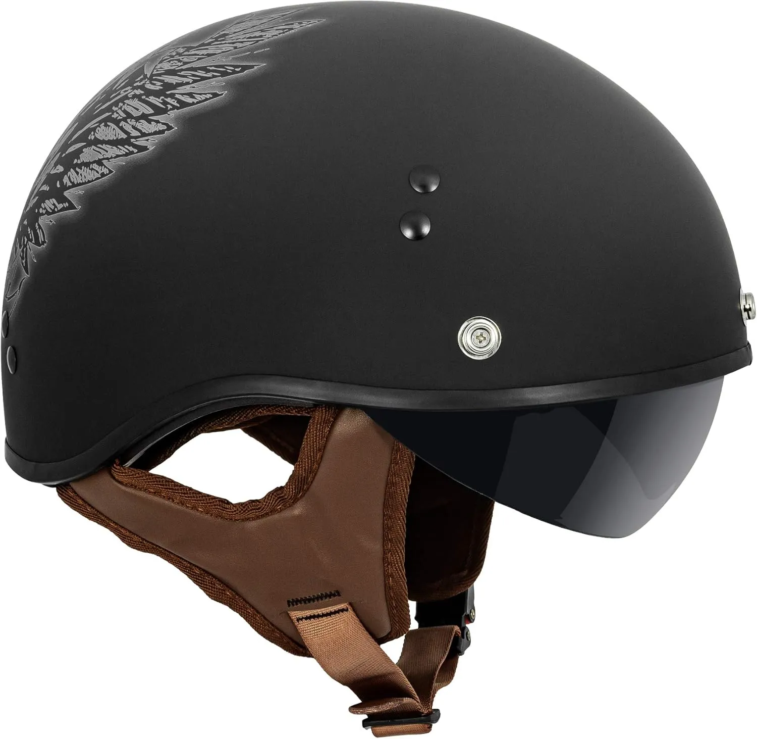 VCAN Cruiser Half Face Motorcycle Helmet with Drop-Down Sun Visor, Removable Peak and Quick Release Buckle