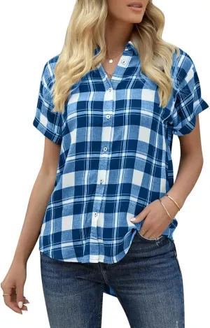 Veatzaer Women's Plaid Short Sleeve Button Down Shirt Casual Summer Blouses Tops
