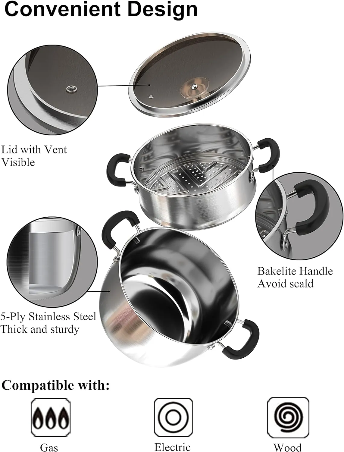 VENTION Small Vegetable Steamer Pot 8.7 Inch, 5-Ply Thick Stainless Steel Steamer for Cooking, 3.3 QT Stove Top Steam Pot(22cm)