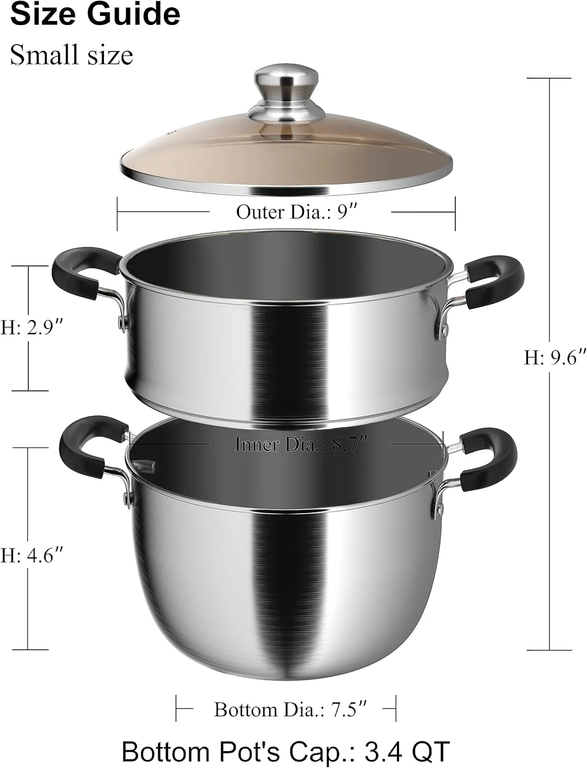 VENTION Small Vegetable Steamer Pot 8.7 Inch, 5-Ply Thick Stainless Steel Steamer for Cooking, 3.3 QT Stove Top Steam Pot(22cm)