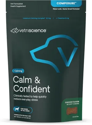 VETRISCIENCE Calm & Confident Chews, Composure Clinically Tested Calming & Anxiety Supplement for Dogs, Reduce Stress & Fear, Ideal for Thunderstorms, Fireworks & Travel, Chicken, 60 Count