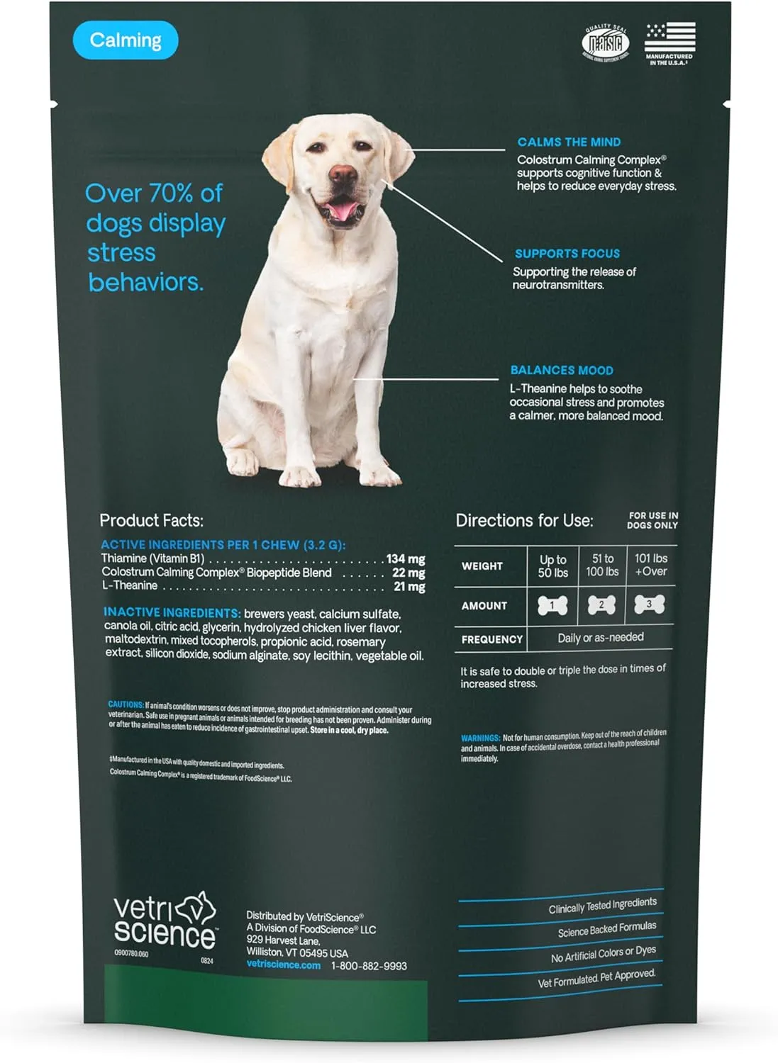 VETRISCIENCE Calm & Confident Chews, Composure Clinically Tested Calming & Anxiety Supplement for Dogs, Reduce Stress & Fear, Ideal for Thunderstorms, Fireworks & Travel, Chicken, 60 Count