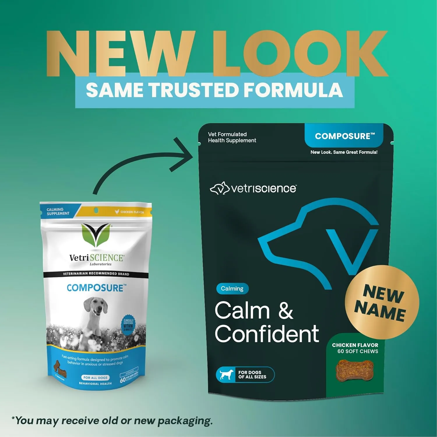 VETRISCIENCE Calm & Confident Chews, Composure Clinically Tested Calming & Anxiety Supplement for Dogs, Reduce Stress & Fear, Ideal for Thunderstorms, Fireworks & Travel, Chicken, 60 Count