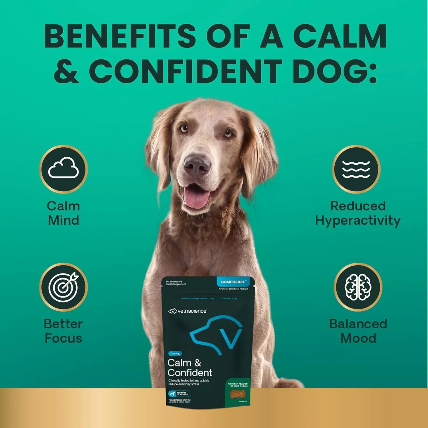 VETRISCIENCE Calm & Confident Chews, Composure Clinically Tested Calming & Anxiety Supplement for Dogs, Reduce Stress & Fear, Ideal for Thunderstorms, Fireworks & Travel, Chicken, 60 Count