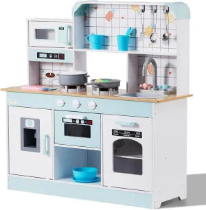 VEVOR Play Kitchen for Kids, Wooden Toy Kitchen Set with Lights and Sounds, Toddler Kitchen with Ice Maker, Oven, Sink, Microwaves, Fridge and Utensil and Fruit Accessory for Toddlers Ages 3-8, White
