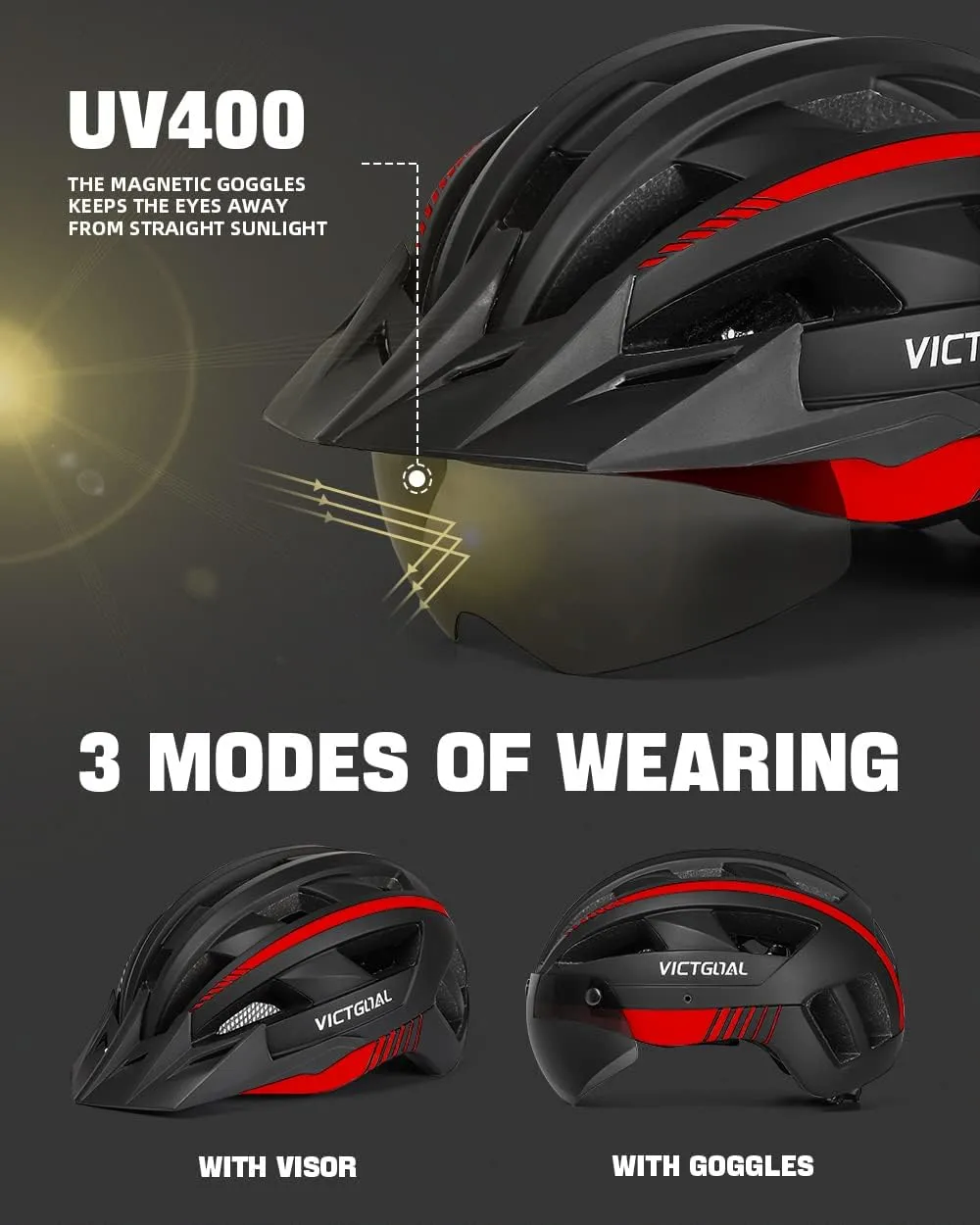 VICTGOAL Bike Helmet for Men Women with Led Light Detachable Magnetic Goggles Removable Sun Visor Mountain & Road Bicycle Helmets Adjustable Size Adult Cycling Helmets