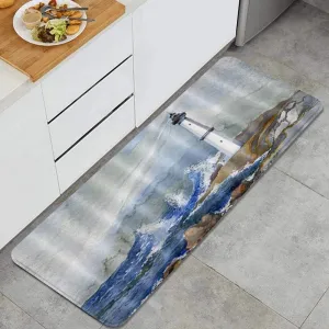 Vintage Lighthouse Kitchen Rug Watercolor Landscape of Lighthouse Light Up Nautical Ocean Comfort Floor Mat Anti Fatigue Non Skid Washable Doormat Bath Runner Rugs Bedroom Area Carpet