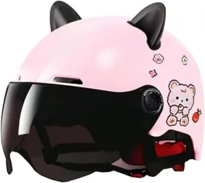 Vintage Low Profile Youth Boys Girls Cat Ears Open Face Vespa Motorcycle Helmet, DOT Approved Kids Beanie Half Helmet with Visor for Moped Dirt-Bike Scooter Go-Kart Bicycle ATV