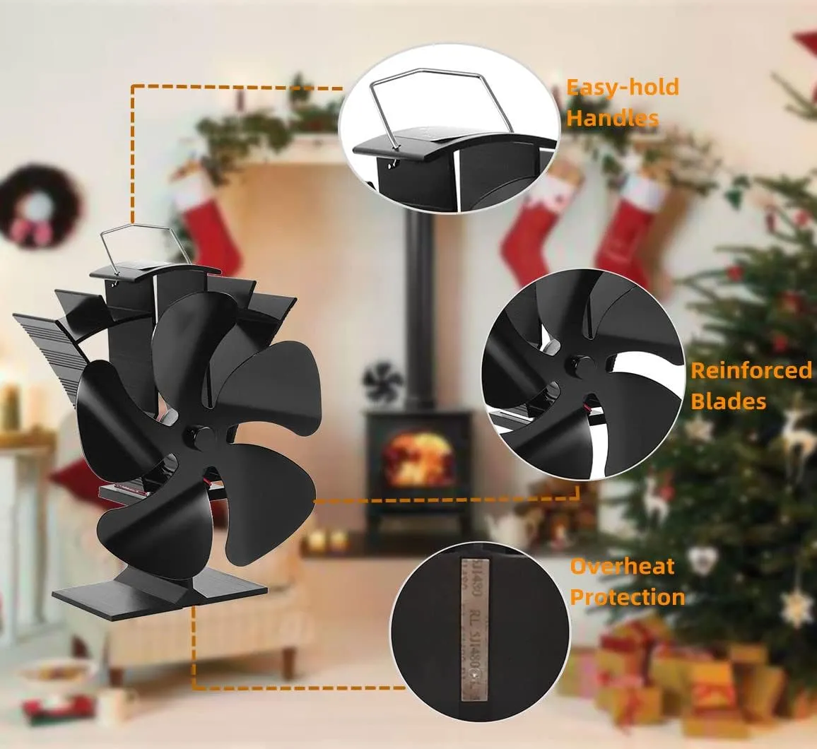VODA Wood Stove Fan 5 Blades Newly designed Small Heat Powered Fans Fireplace Fans for Wood/Log Burner/Fireplace(Black)
