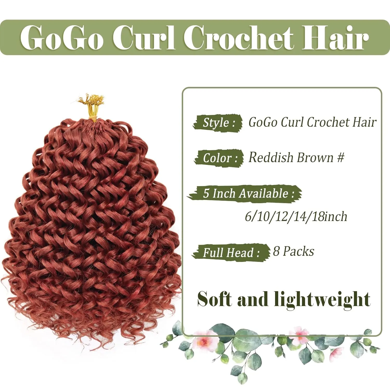 Vomella GoGo Curl Crochet Hair 8 Packs Water Wave 10 Inch Curly Crochet Hair for Women Short Beach Curl Synthetic Deep Twist Extensions (Reddish Brown)