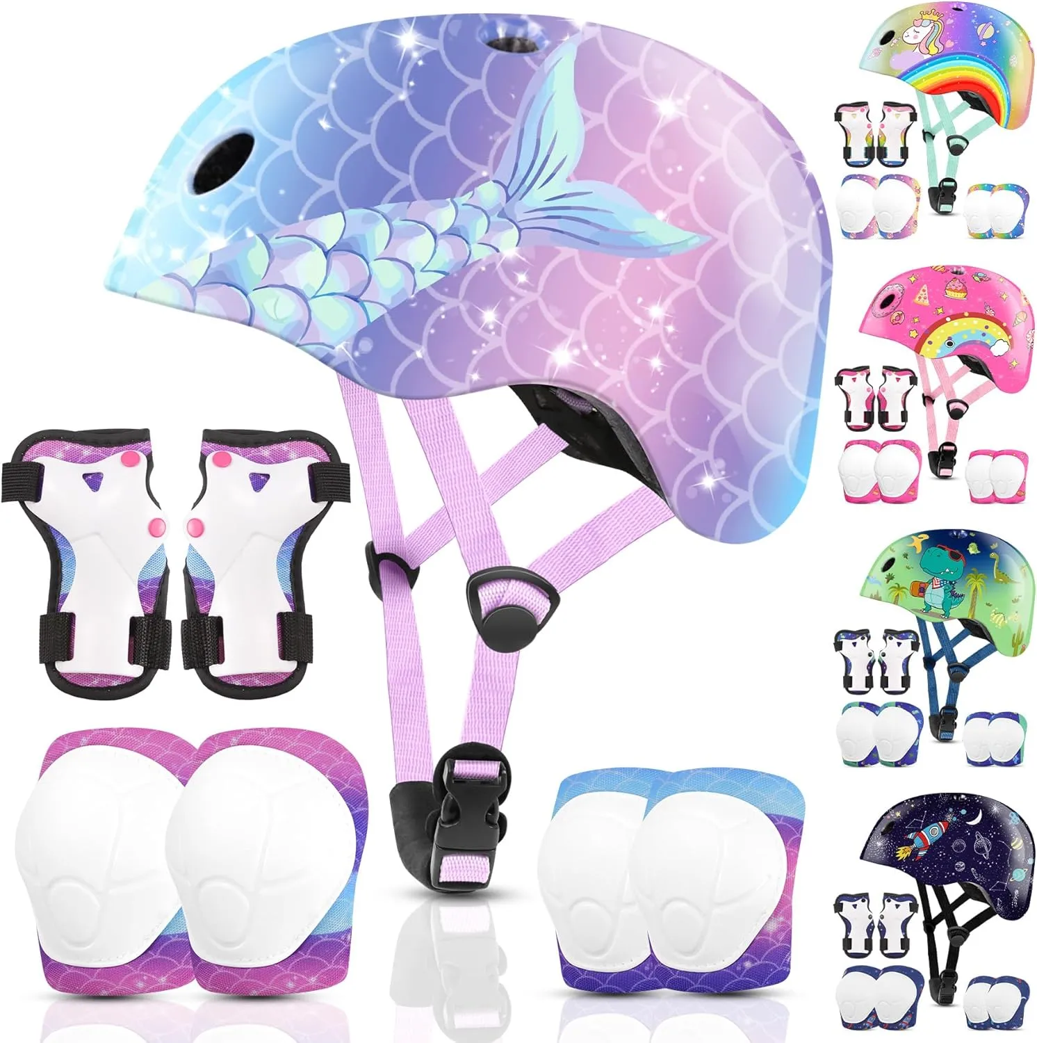 Vvinca Kids Toddlers Bike Helmet Adjustable for Ages 3-5-8 Years, Knee Pads and Elbow Pads Set Wrist Guard Sports Protective Gear Set for Roller Skate Bicycle Skateboard Scooter Girl Boy Birthday Gift