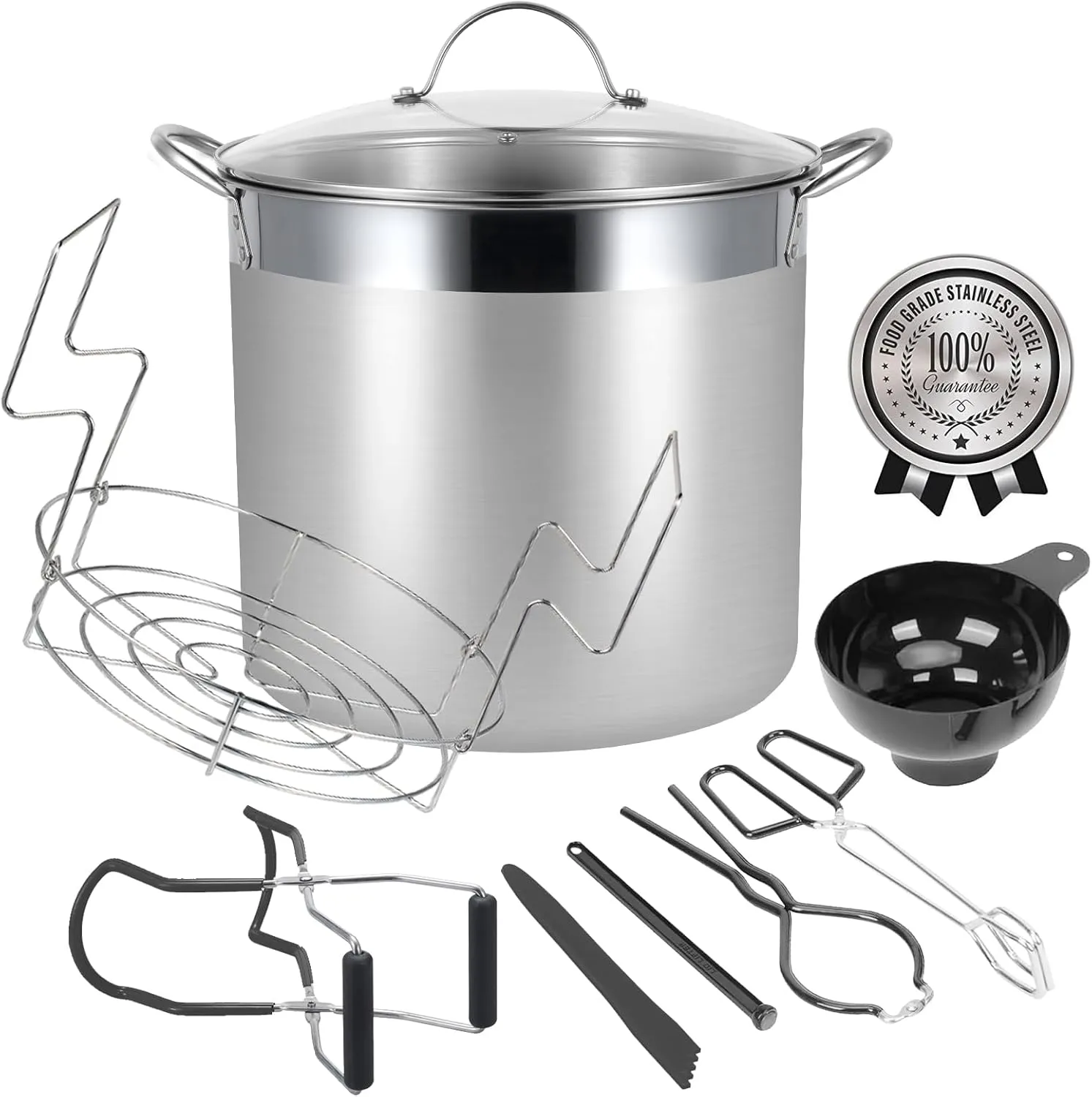 Water Bath Canning Pot with Rack and Lid, Steam Canner with Canning Supplies Starter Kit, 9 Pieces, Stainless Steel, Black (Induction/Glass Top Stove Compatible) U2