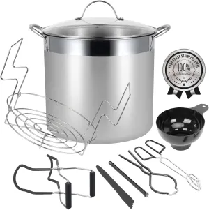 Water Bath Canning Pot with Rack and Lid, Steam Canner with Canning Supplies Starter Kit, 9 Pieces, Stainless Steel, Black (Induction/Glass Top Stove Compatible) U2