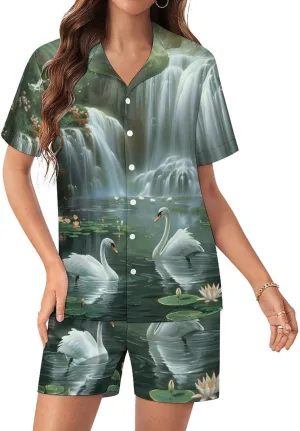 Waterfall Lotues Women's Satin Pajama Set Short Sleeve Button Down Sleepwear Loungewear Pj Set