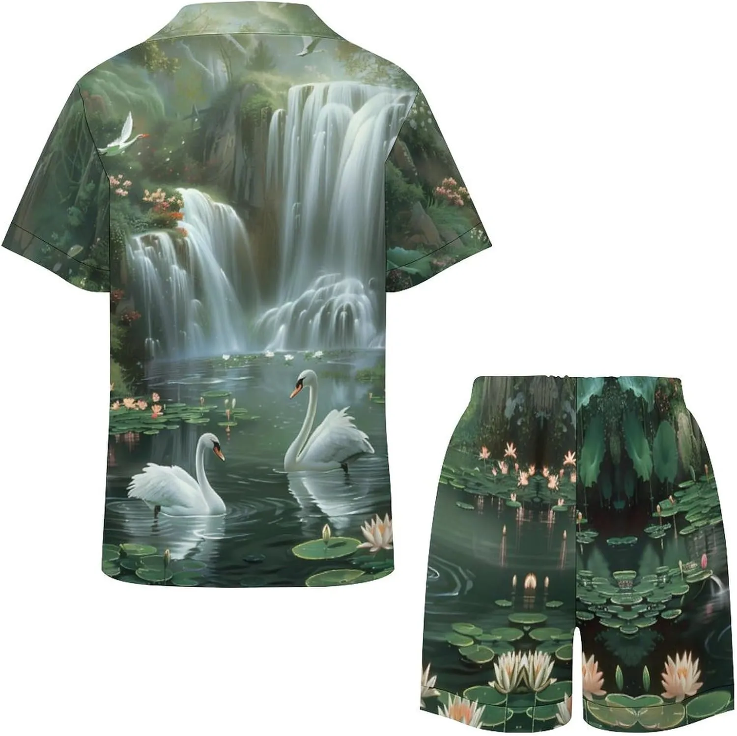 Waterfall Lotues Women's Satin Pajama Set Short Sleeve Button Down Sleepwear Loungewear Pj Set