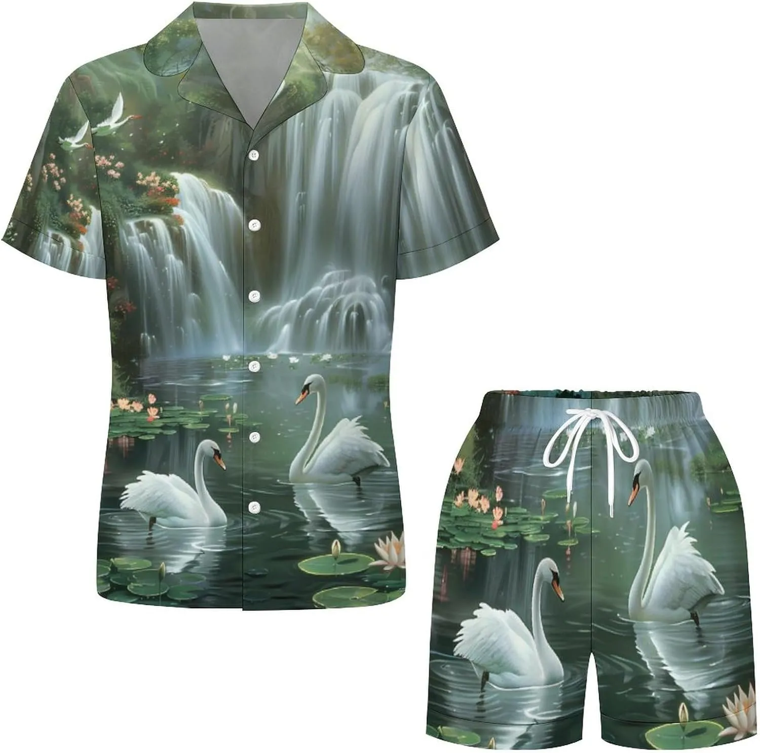 Waterfall Lotues Women's Satin Pajama Set Short Sleeve Button Down Sleepwear Loungewear Pj Set