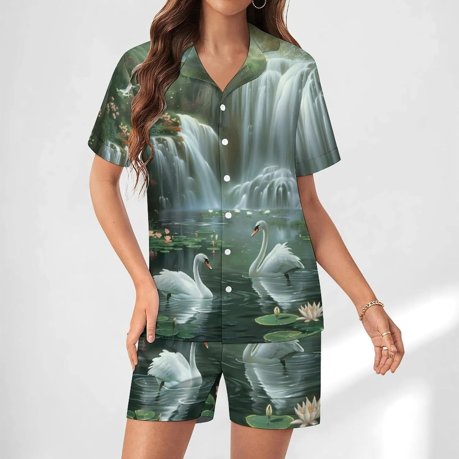 Waterfall Lotues Women's Satin Pajama Set Short Sleeve Button Down Sleepwear Loungewear Pj Set