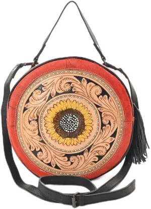 western Handtooled Cowhide Hairon Canteen Crossbody bag with Adjustable Detachable Leather Strap,Antique dye finish