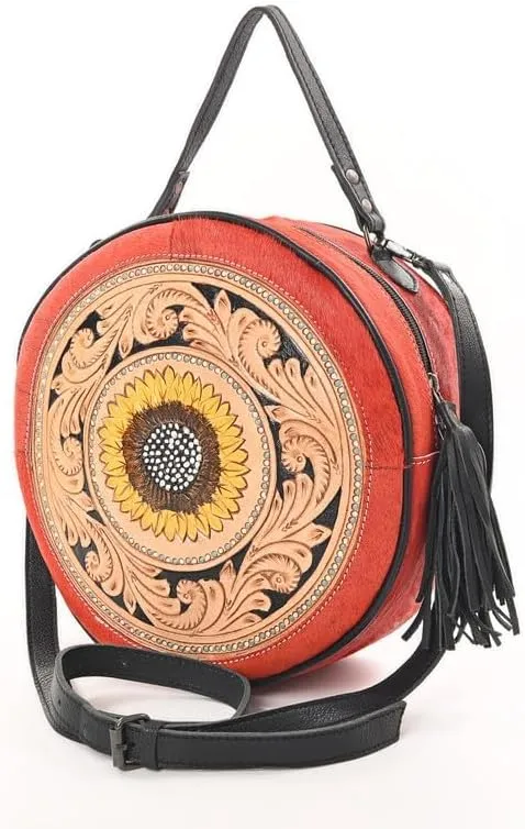 western Handtooled Cowhide Hairon Canteen Crossbody bag with Adjustable Detachable Leather Strap,Antique dye finish