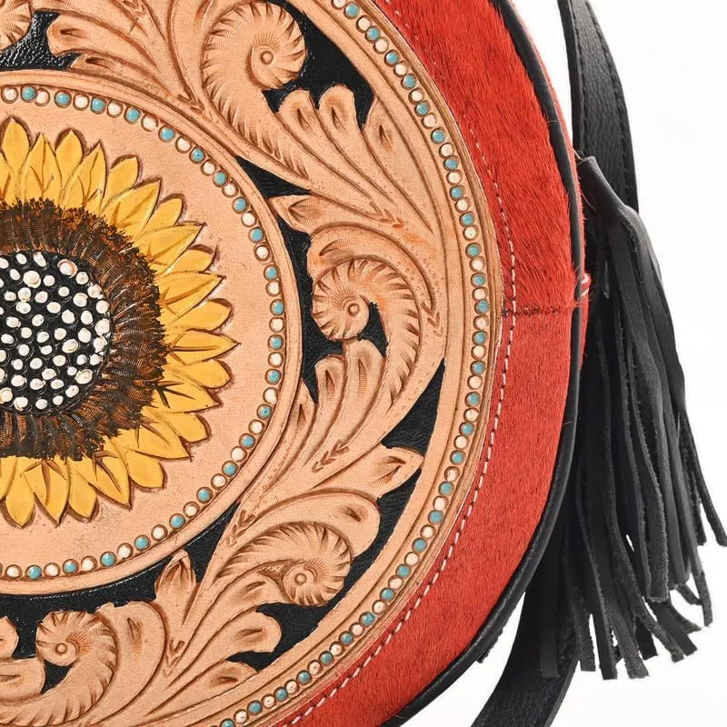 western Handtooled Cowhide Hairon Canteen Crossbody bag with Adjustable Detachable Leather Strap,Antique dye finish