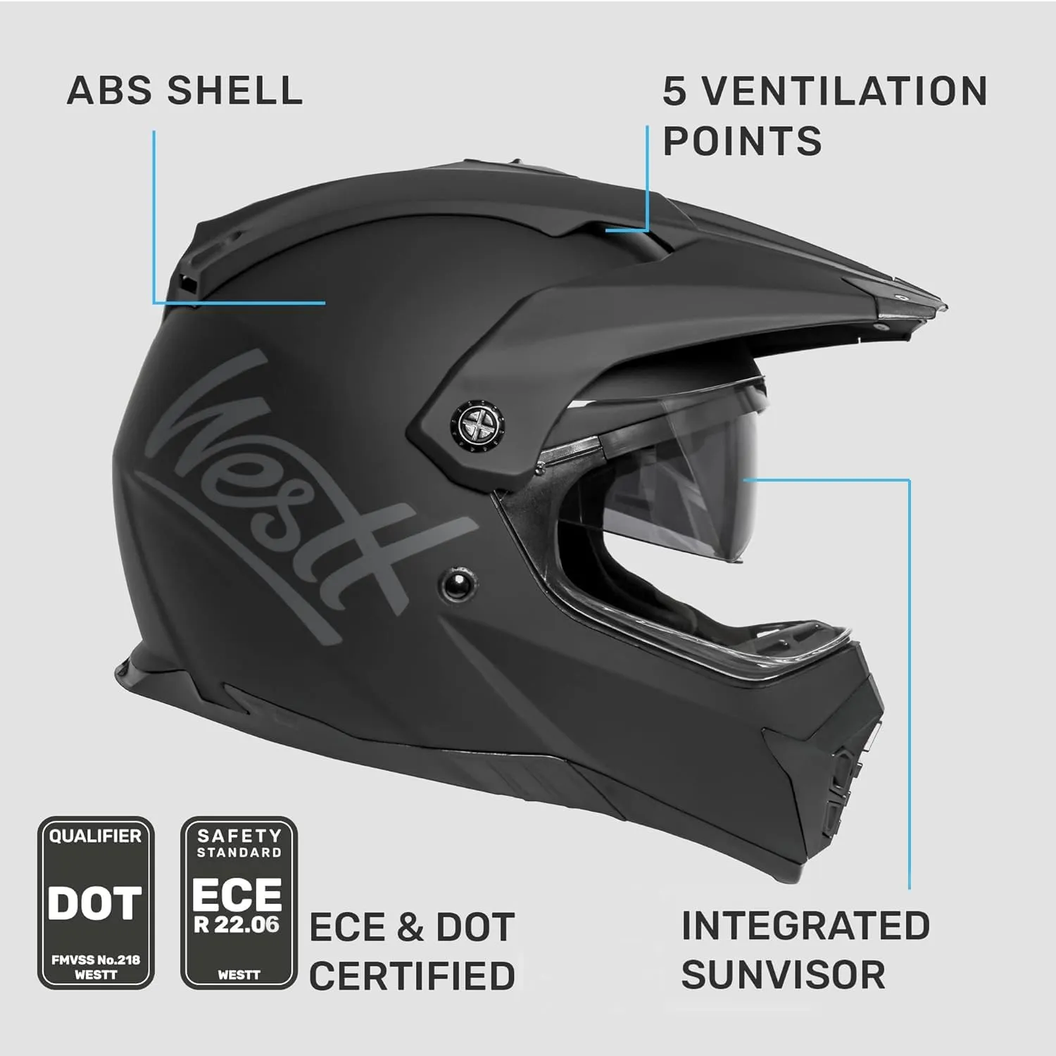 Westt Dual Sport Motorcycle Helmet Off-Road Helmets for Adults, Dual Visor Motorcycle Helmet - Full Face ATV UTV Helmet Dirt Bike Motocross Helmets DOT Approved