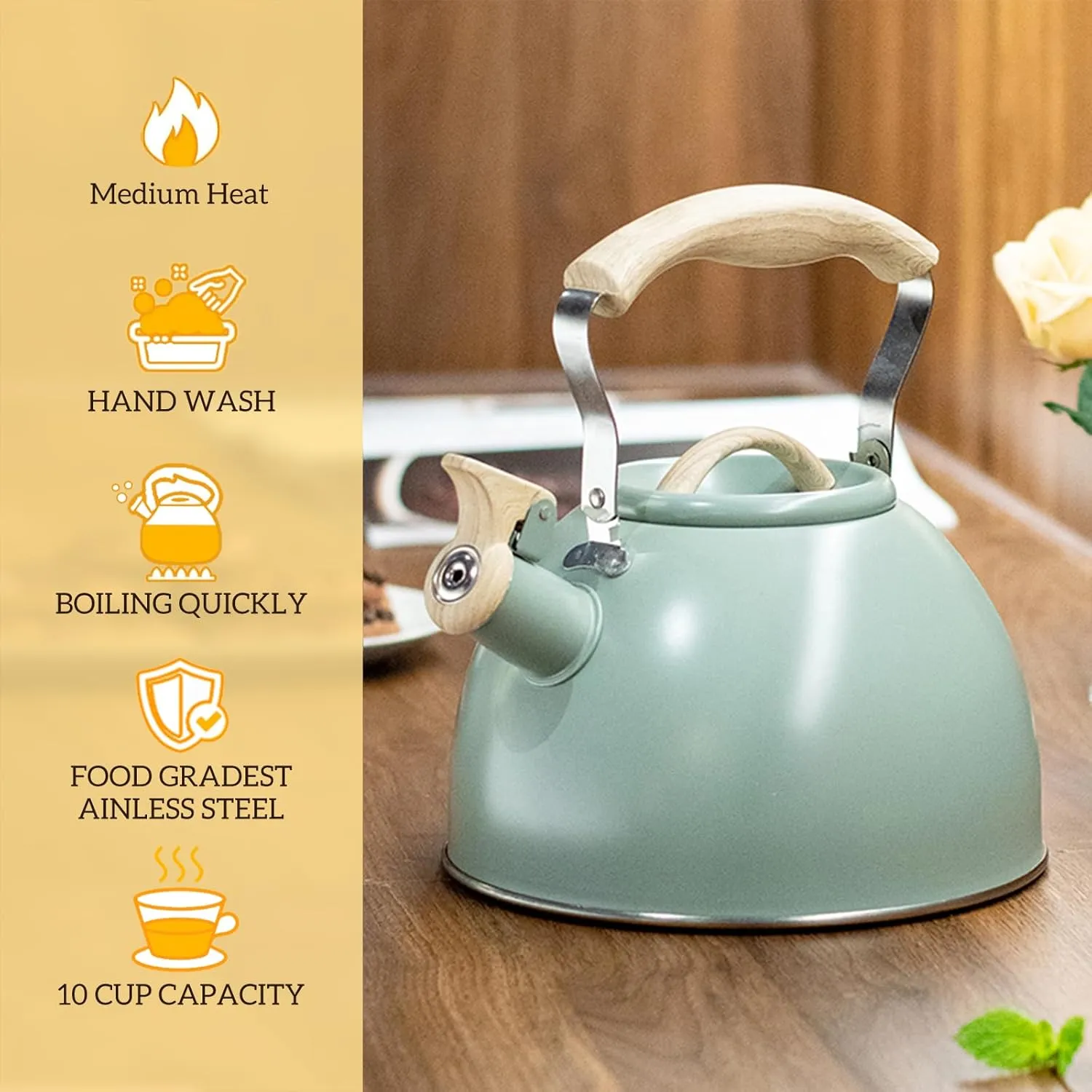 Whistling Stove Tea Kettle Food Grade Stainless Steel Teapot, Hot Water Fast to Boil With Wood Pattern Anti-slip Handle-3.2 Quart