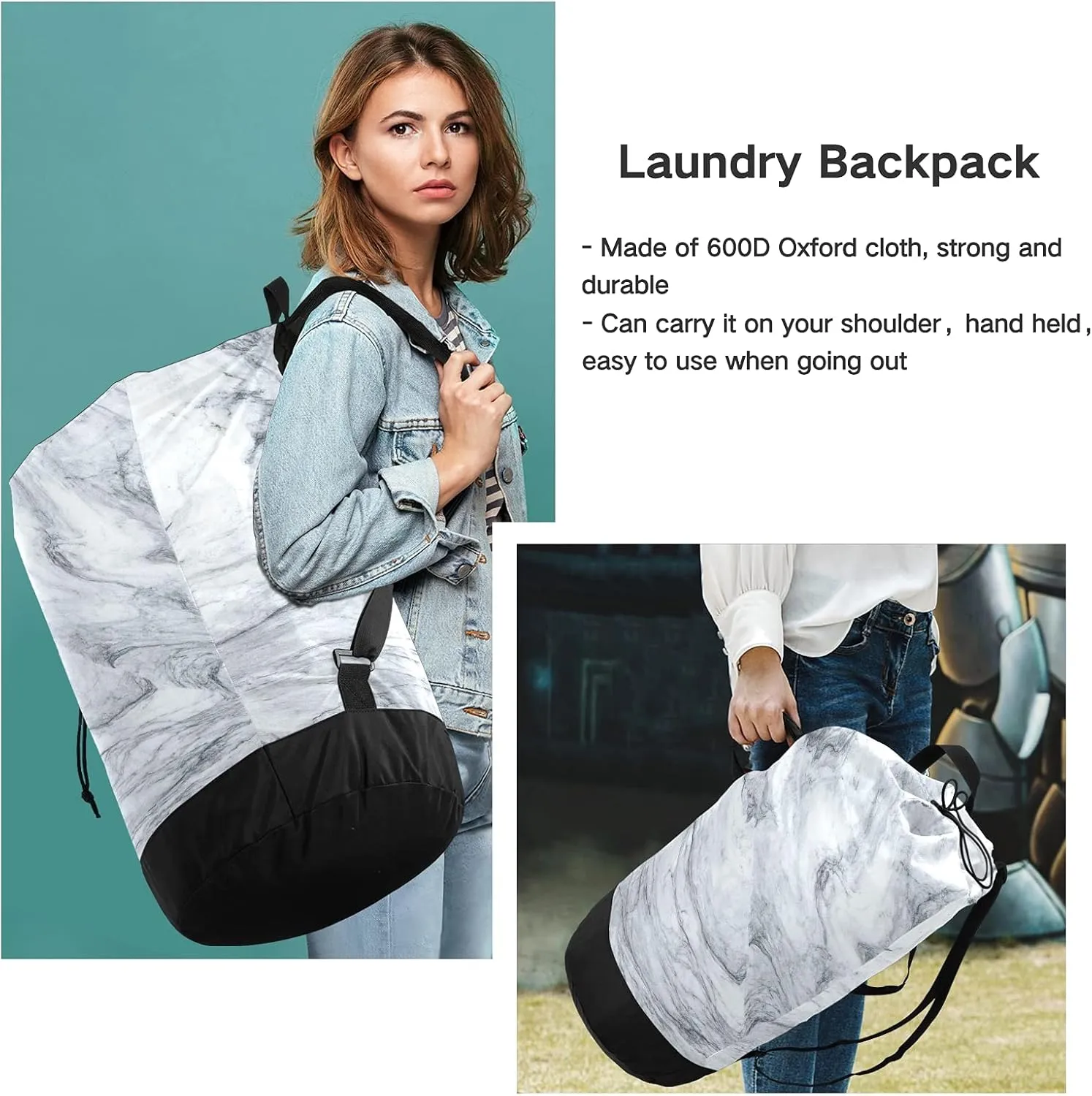White Marble Laundry Bag Large Heavy Duty Laundry Backpack with Shoulder Straps Waterproof Laundry bag for Traveling Camp Dirty Clothes Organizer for College Students