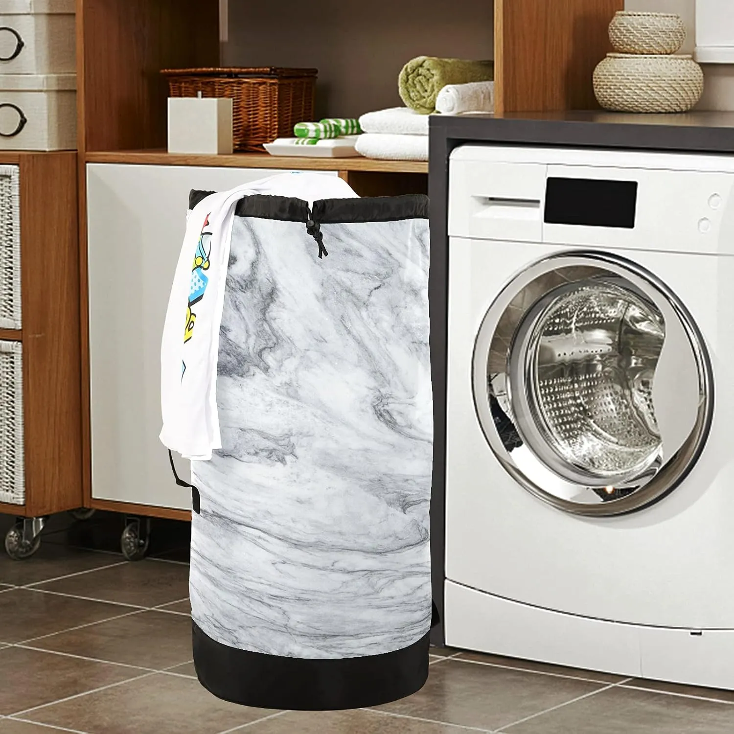 White Marble Laundry Bag Large Heavy Duty Laundry Backpack with Shoulder Straps Waterproof Laundry bag for Traveling Camp Dirty Clothes Organizer for College Students