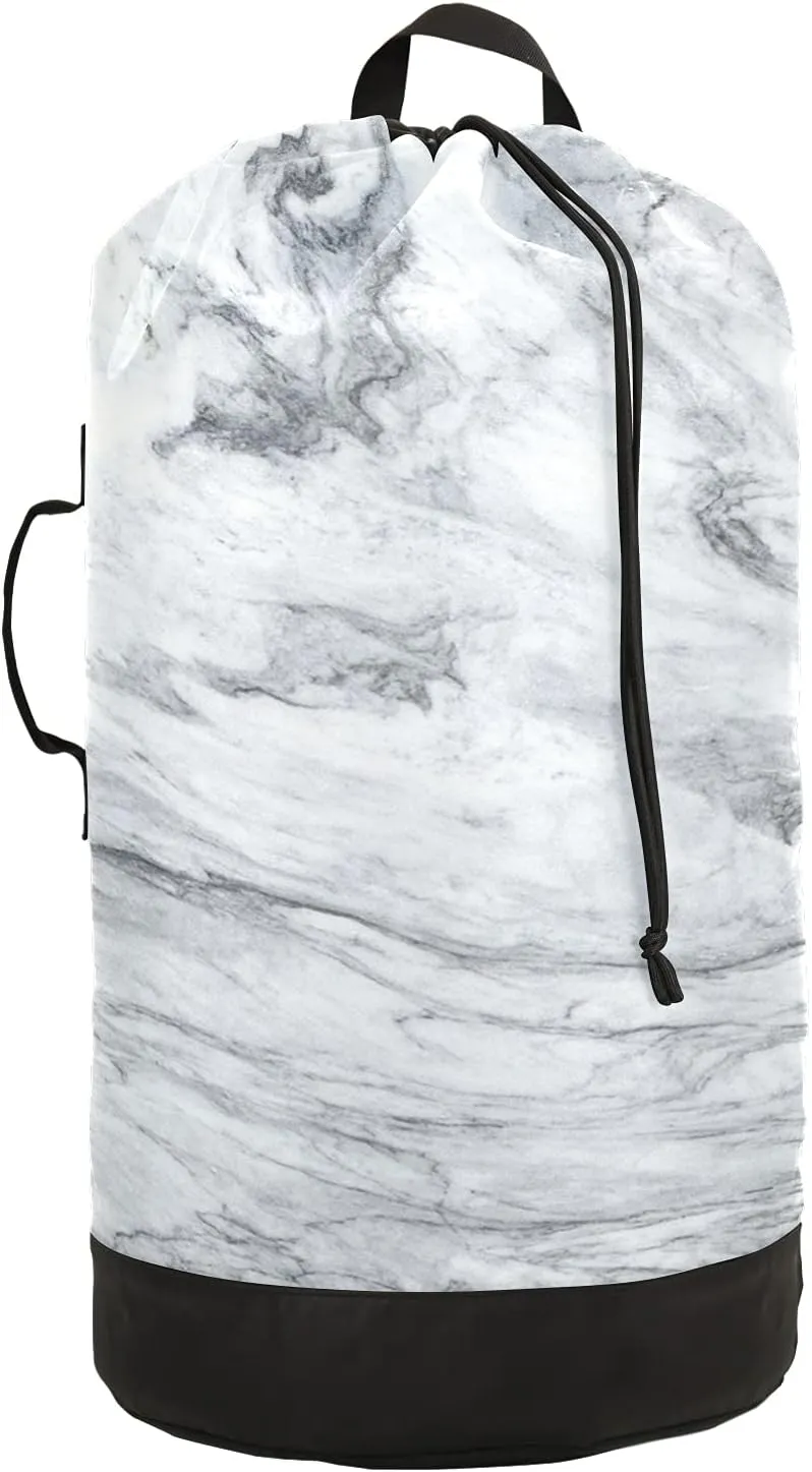 White Marble Laundry Bag Large Heavy Duty Laundry Backpack with Shoulder Straps Waterproof Laundry bag for Traveling Camp Dirty Clothes Organizer for College Students