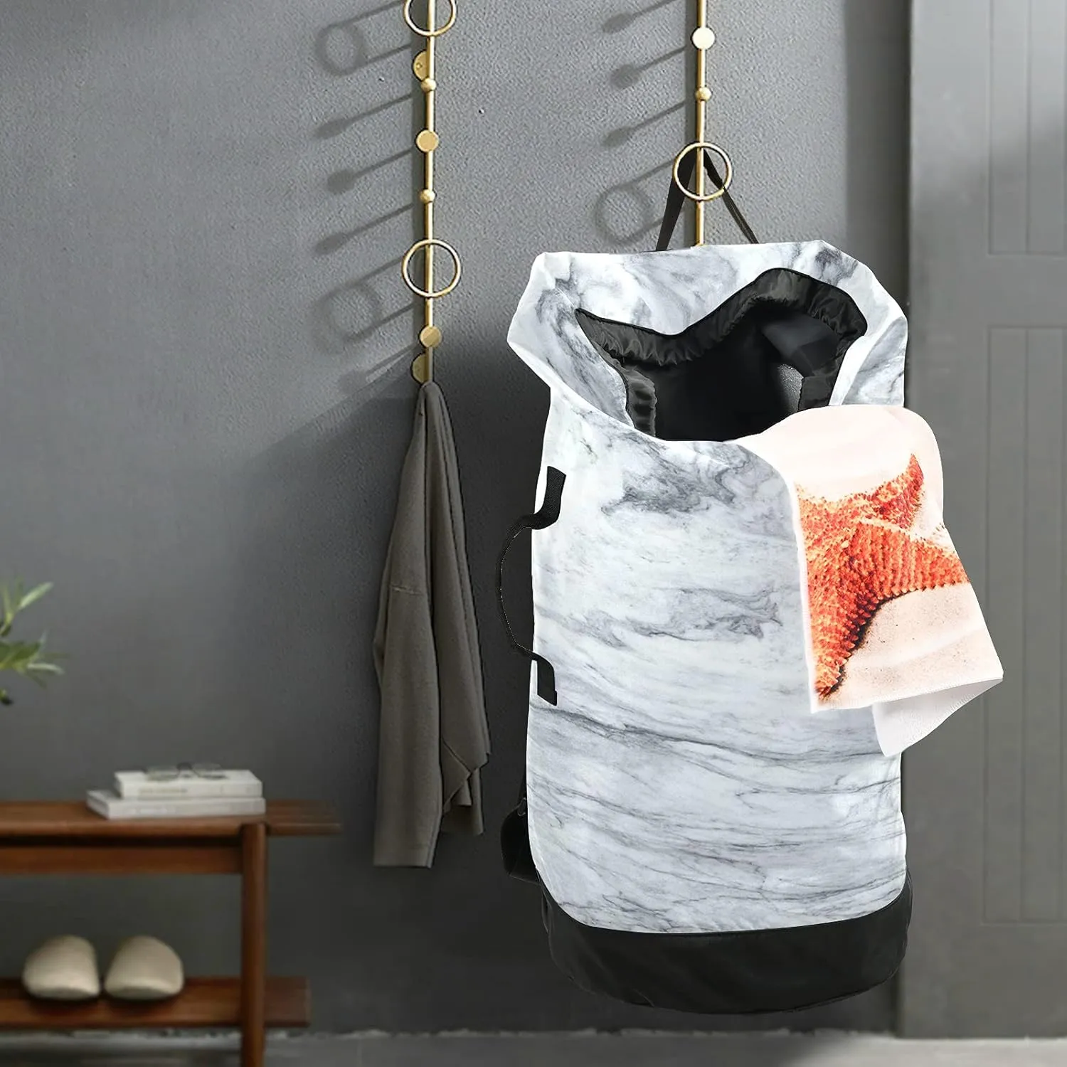 White Marble Laundry Bag Large Heavy Duty Laundry Backpack with Shoulder Straps Waterproof Laundry bag for Traveling Camp Dirty Clothes Organizer for College Students