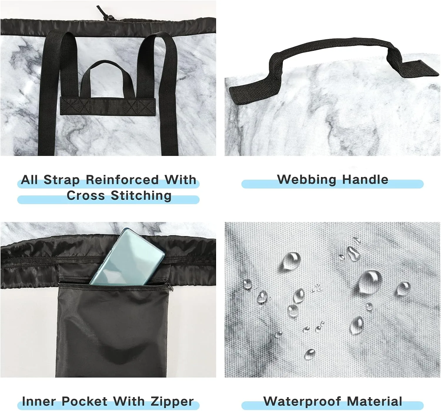 White Marble Laundry Bag Large Heavy Duty Laundry Backpack with Shoulder Straps Waterproof Laundry bag for Traveling Camp Dirty Clothes Organizer for College Students