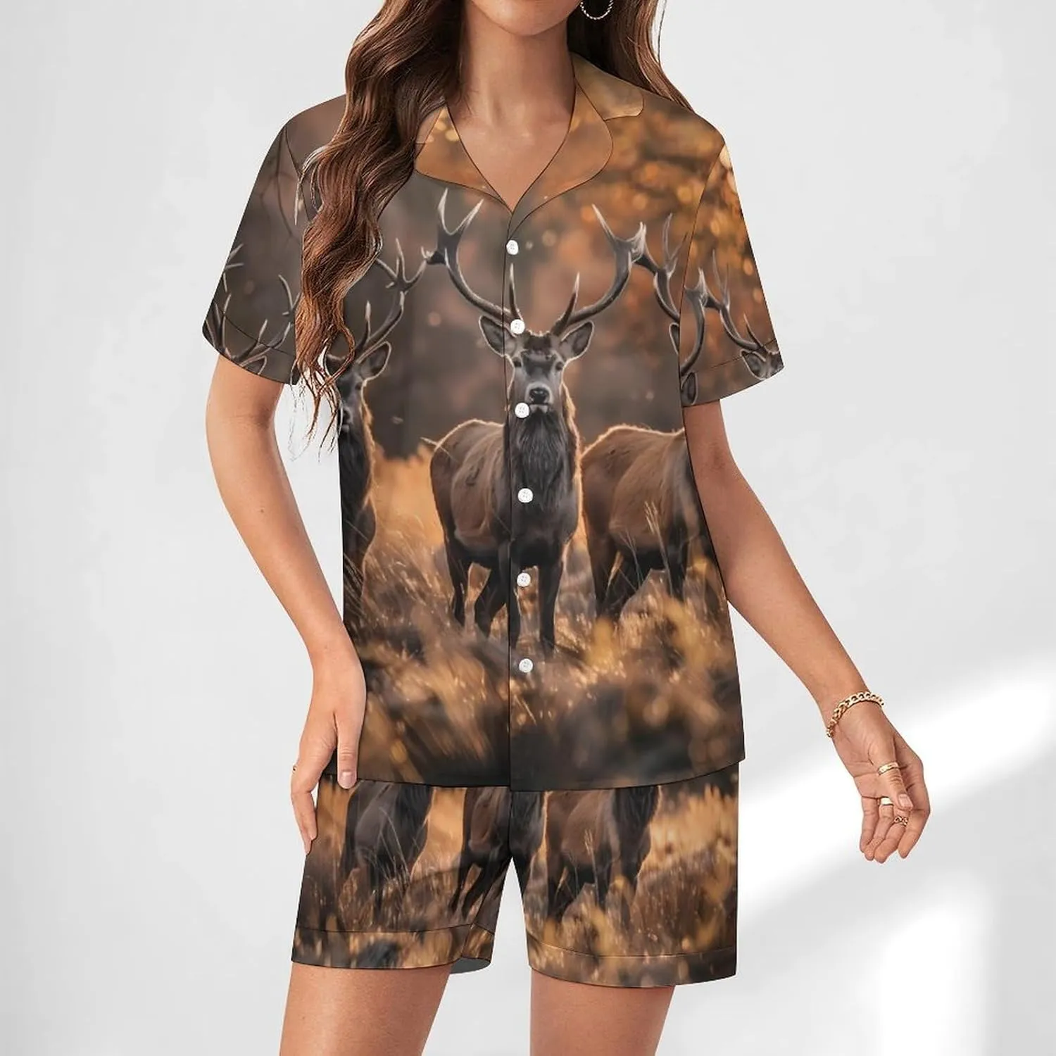 Wild Deer Women's Satin Pajama Set Short Sleeve Button Down Sleepwear Loungewear Pj Set
