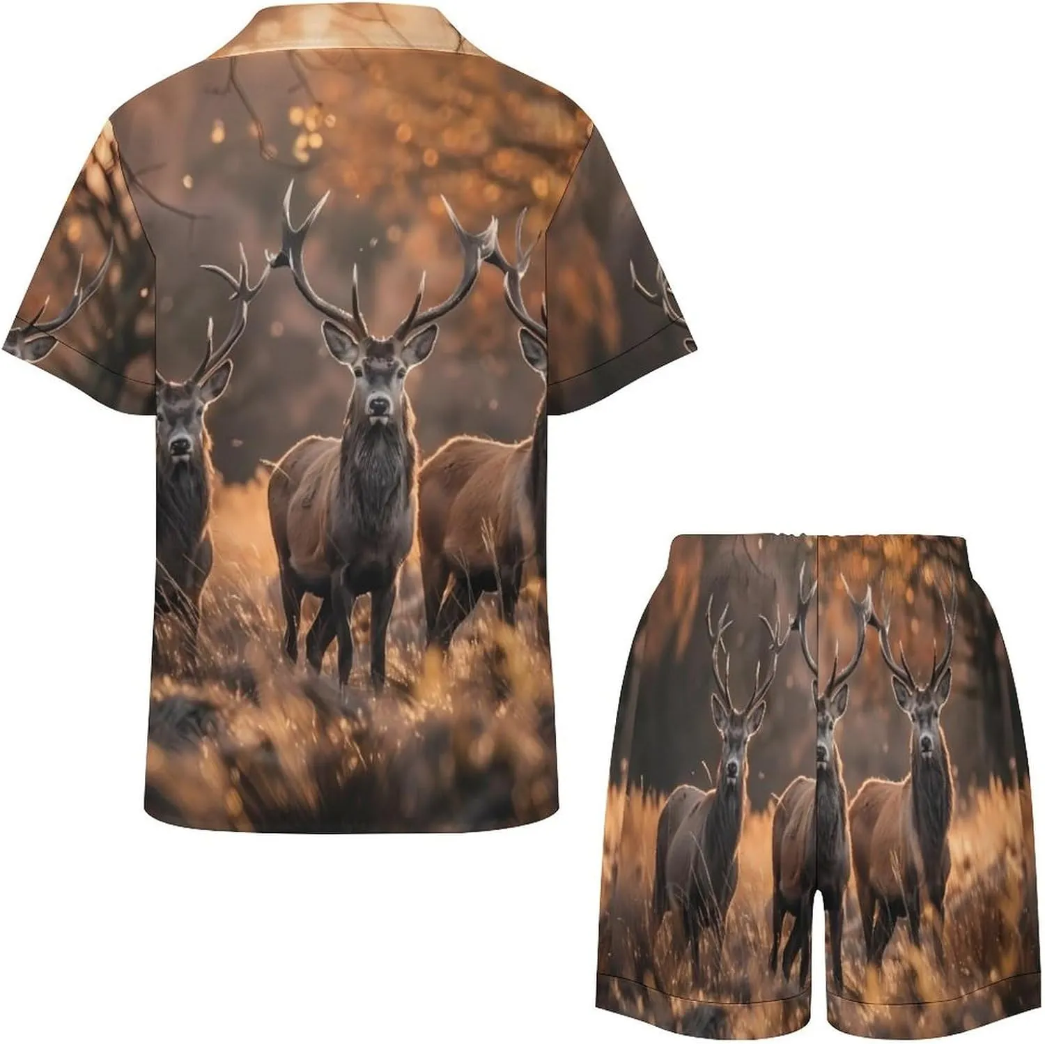 Wild Deer Women's Satin Pajama Set Short Sleeve Button Down Sleepwear Loungewear Pj Set